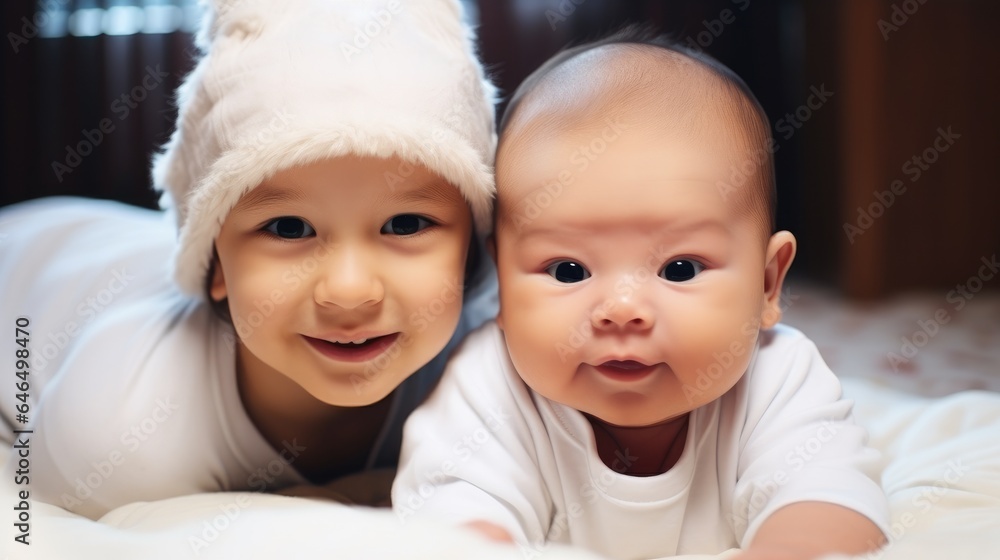 Twin babies brother and sister portrait.