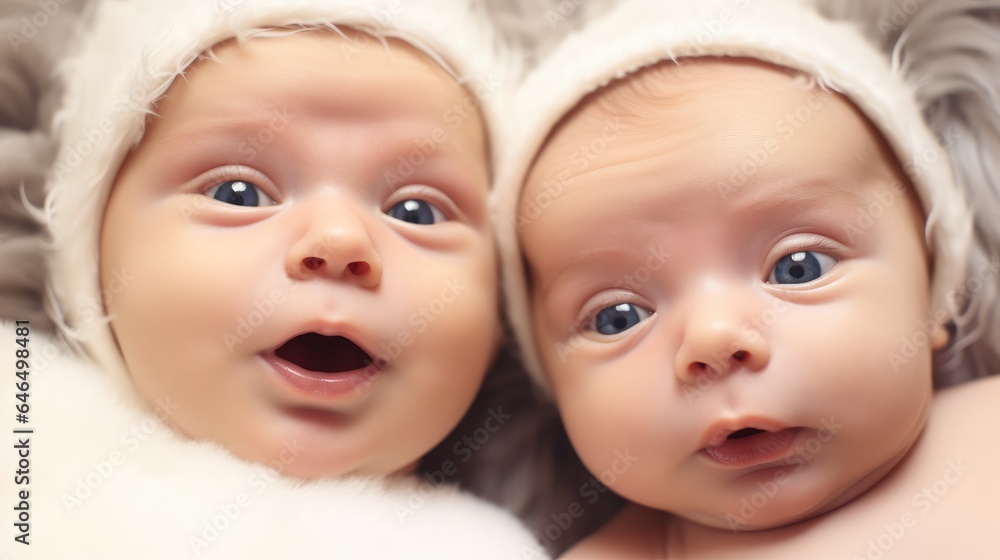 Cute Fraternal Twin Babies, Brother and Sister, lying on their back.