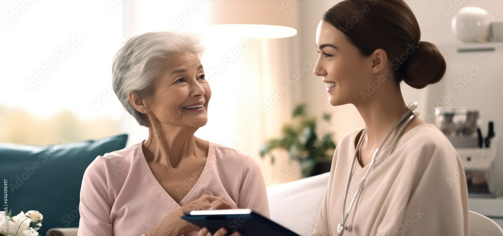 Nurse and woman with cancer patient elderly, Oncologist Comforting a Cancer Patient.