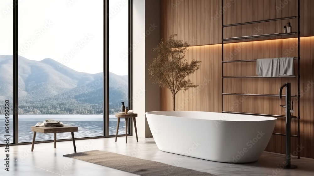 Cozy bathroom with bathtub and wooden shelving units.