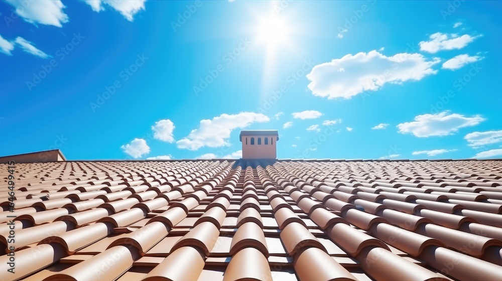 New Roof, Close-up of red roof tiles against blue sky.