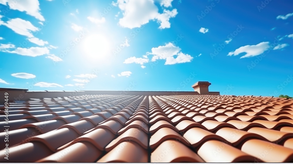 New Roof, Close-up of red roof tiles against blue sky.