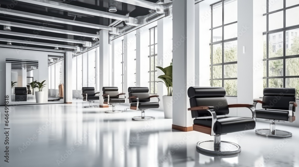 Modern beauty salon with chairs in row and mirror.