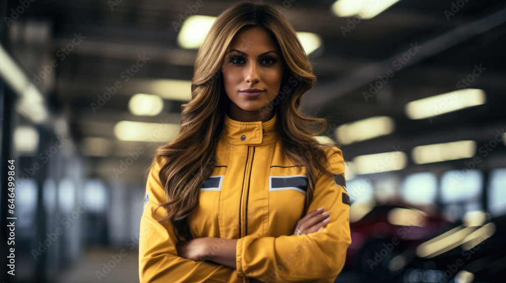 Woman in racing dress, Female motorsport car racer standing in race car track.