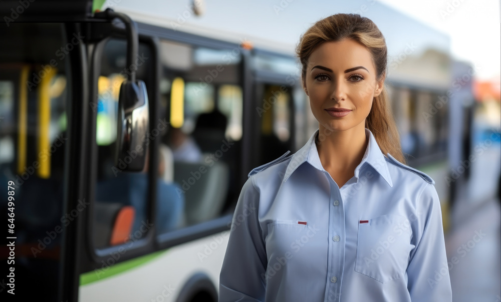 Female public transport driver standing in front of a bus.