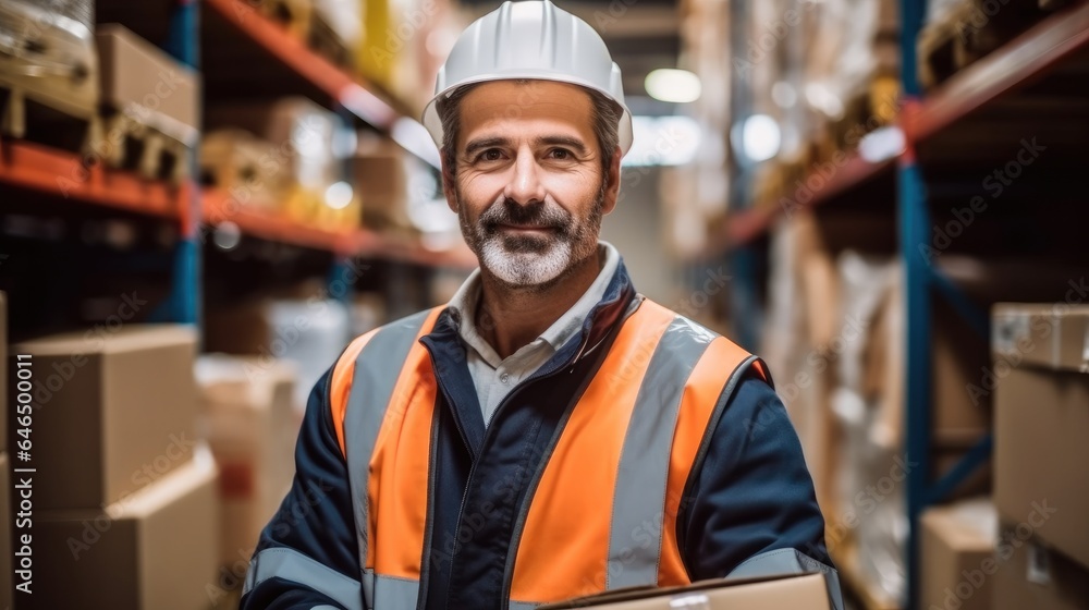 Manager in a warehouse is inspecting and arranging boxes on shelves, Inspecting goods in a storage a