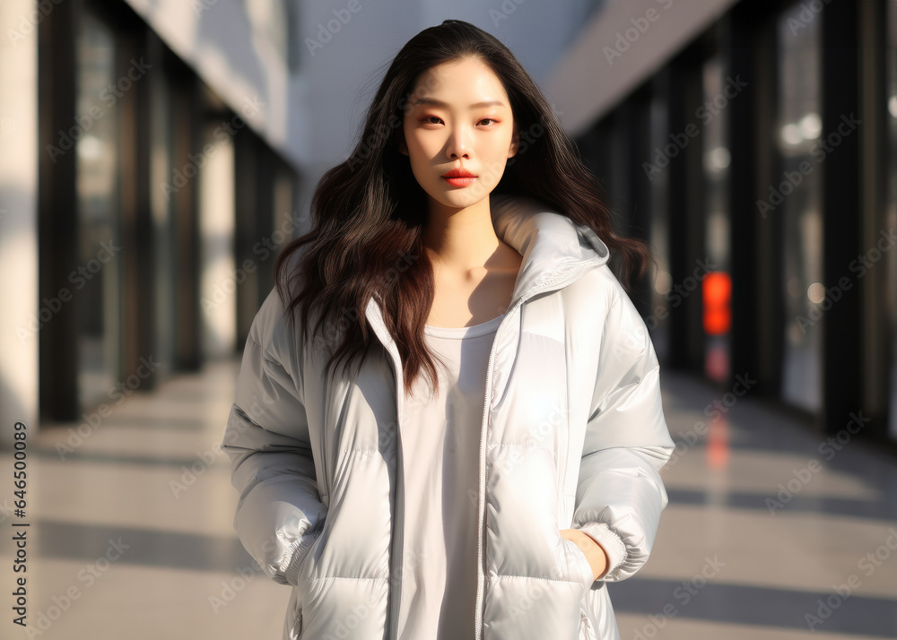 Young Asian beauty dressed in an elegant silver standing nearby building.