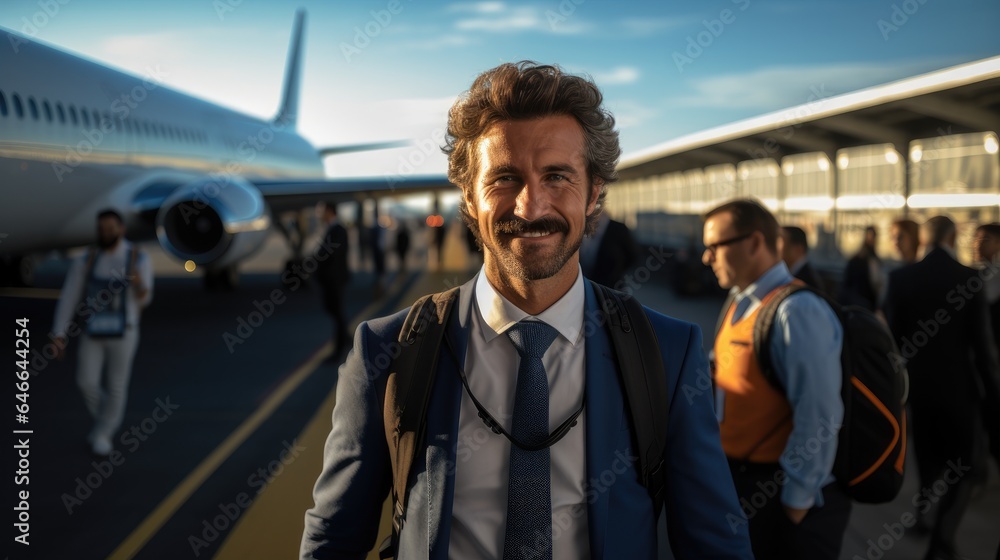 Business man with smile in front of an airplane, Business travel concept.