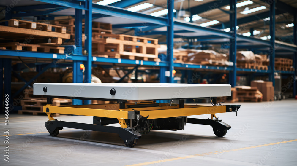 A small and a medium sized hydraulic lift table being used in a warehouse.