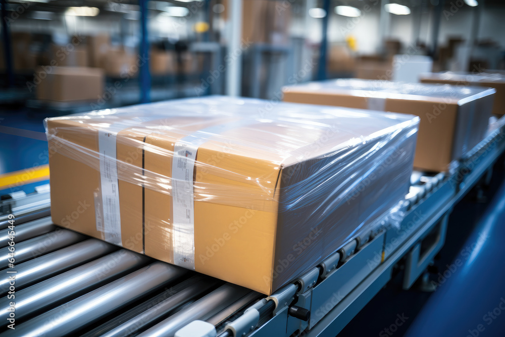 Cling Film-wrapped cardboard boxes on the conveyor belt at distribution warehouse.