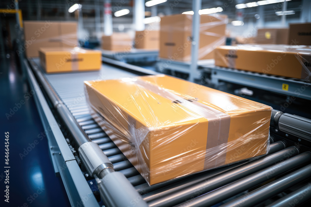 Cling Film-wrapped cardboard boxes on the conveyor belt at distribution warehouse.