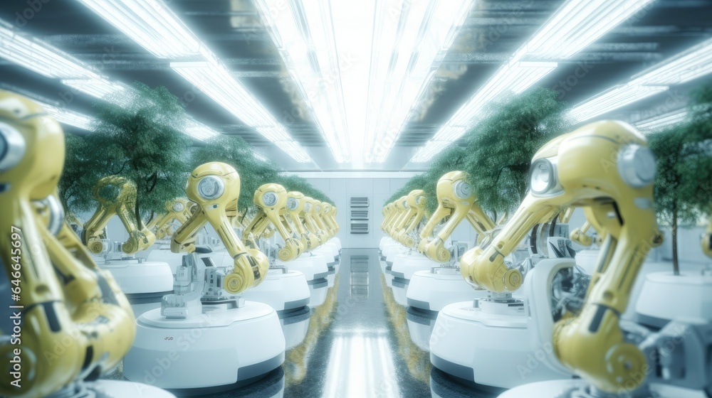 Multiple numbers of robotic arms working together cloning trees at futuristic factory.