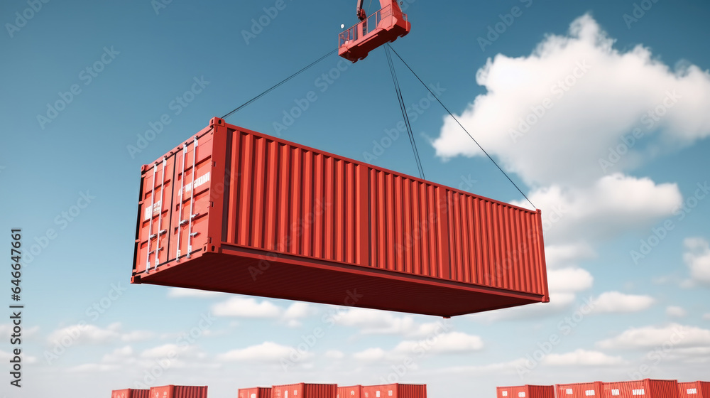 Red cargo containers on crane in depot warehouse with sky background, Business industrial and transp