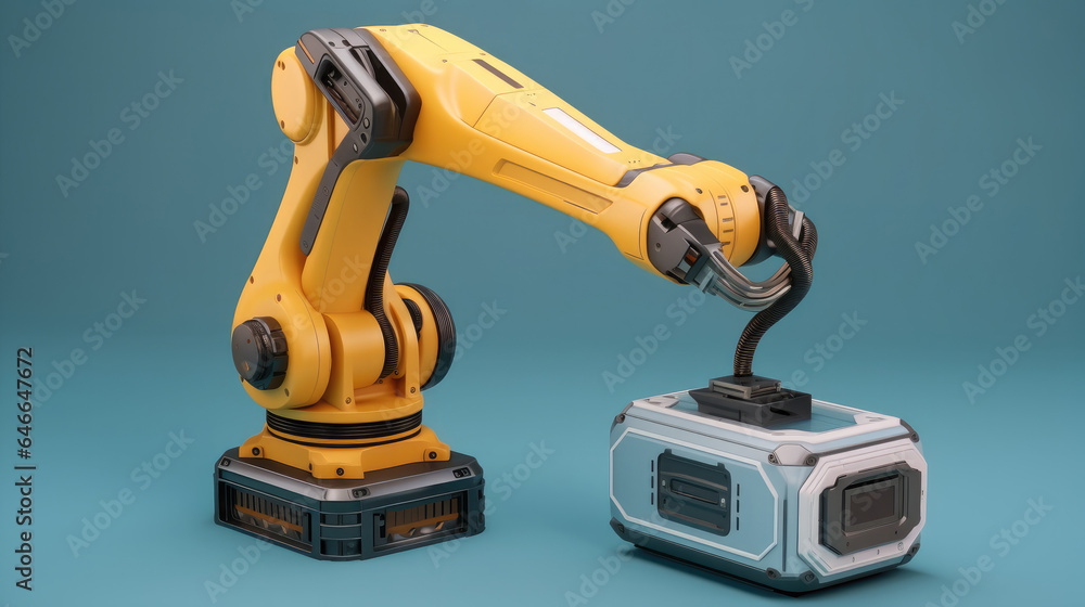 Robot arm for manufacturing industrial plant on yellow background. Technology and futuristic concept