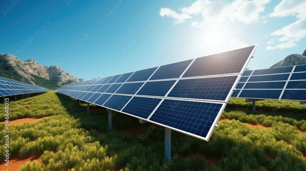 Solar power station with solar panels for producing electric power energy by green power.