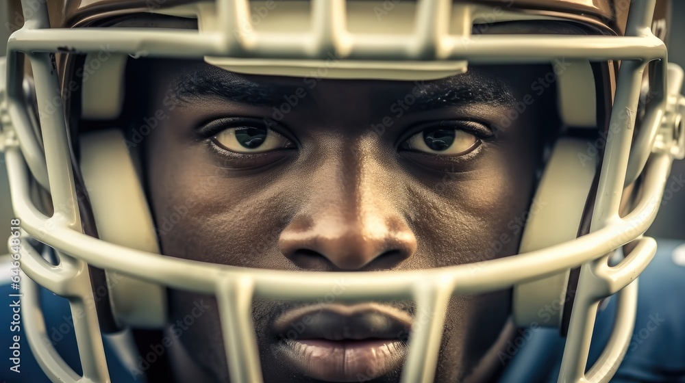 Portrait of young black African man in rugby helmet, American football player.