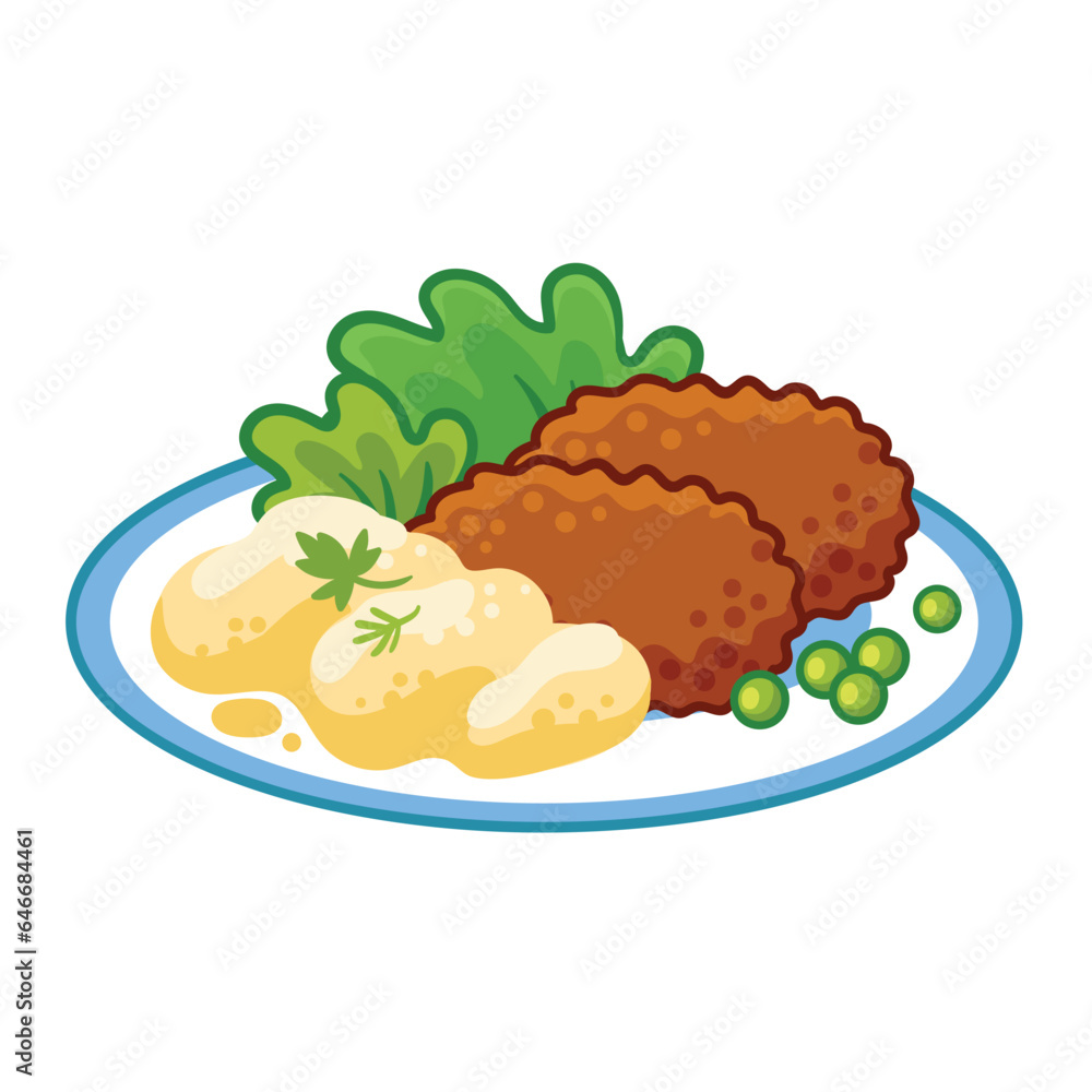 Mashed potatoes with cutlets, green peas and salad on a white plate. Vector illustration in cartoon 