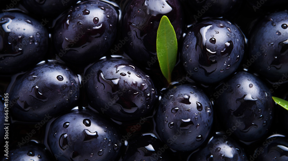 Black olives with leaves and water drops background. Vegetables backdrop. Generative AI