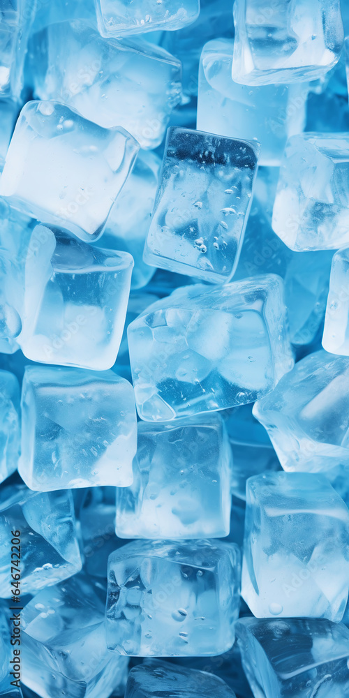 Ice cubes bluish background. Frozen water. Cold fresh concept. Generative AI