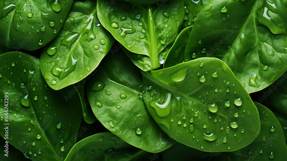 Fresh green spinach leaves with water drops background. Vegetables backdrop. Generative AI