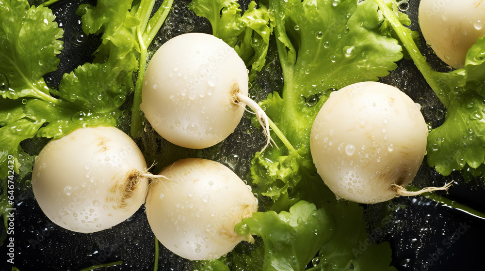 Fresh turnips with water drops background. Vegetables backdrop. Generative AI