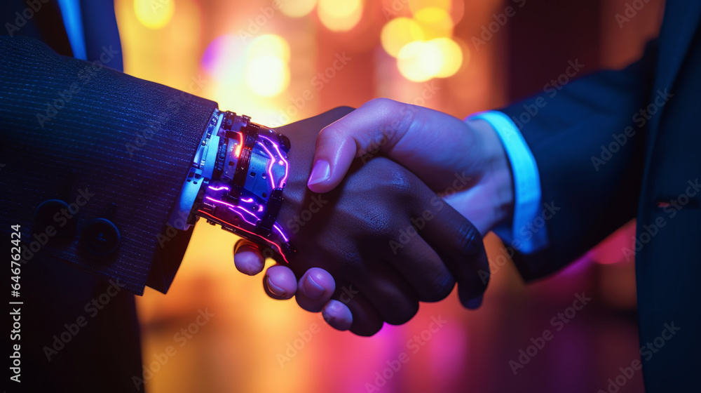 Business handshake of human and robot. Collaboration of artificial intelligence and man. Generative 