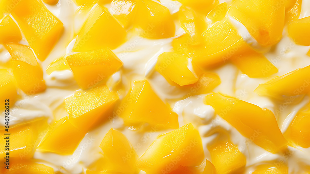 Yogurt and fresh mango pieces, background. Top view. Generative AI