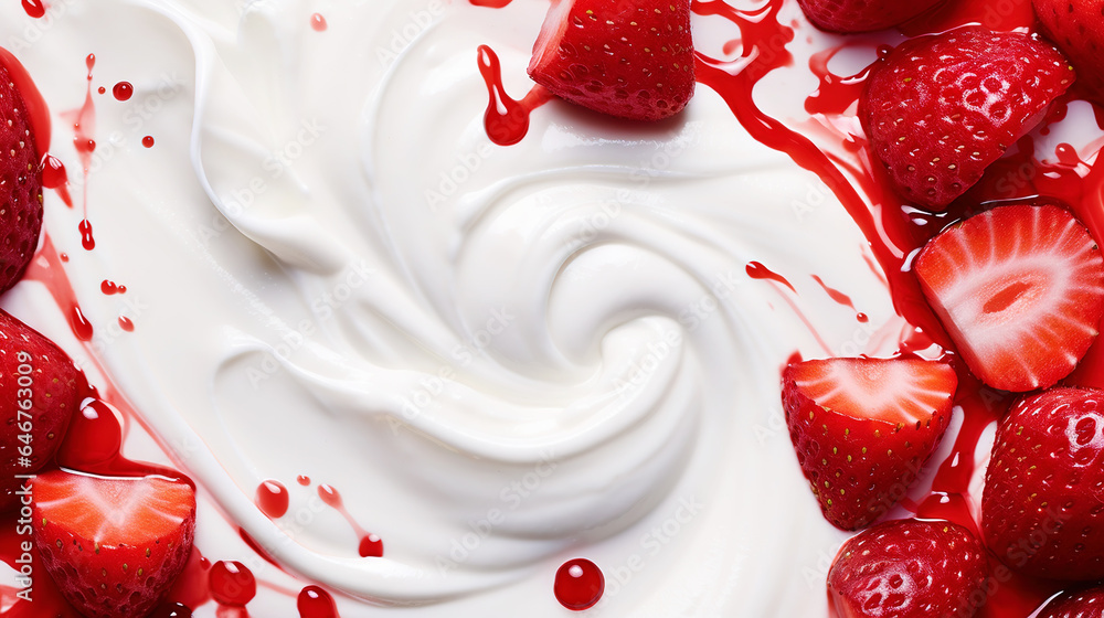 Yogurt and fresh strawberries, background. Top view. Generative AI