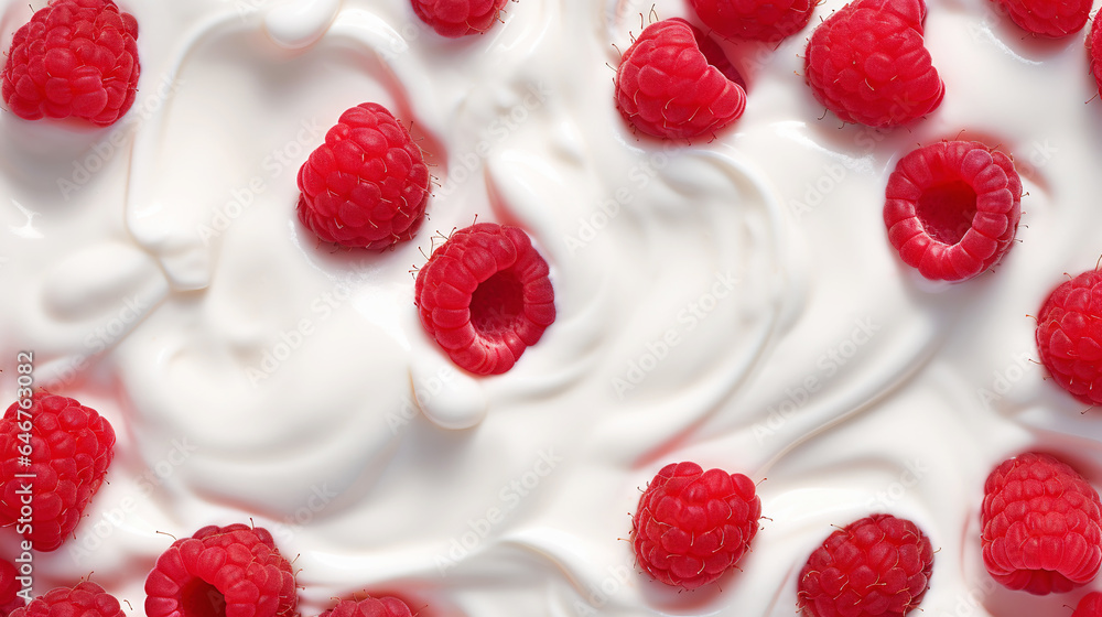 Yogurt and fresh raspberries, background. Top view. Generative AI