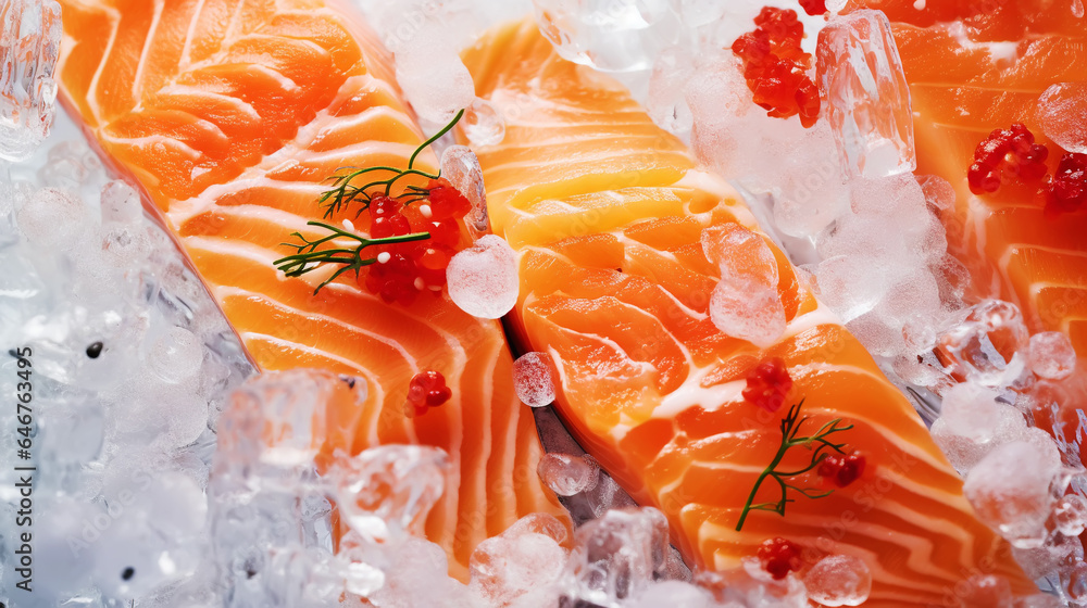 Fresh salmon fillet on ice. Red tasty fish meat. Seafood background. Generative AI