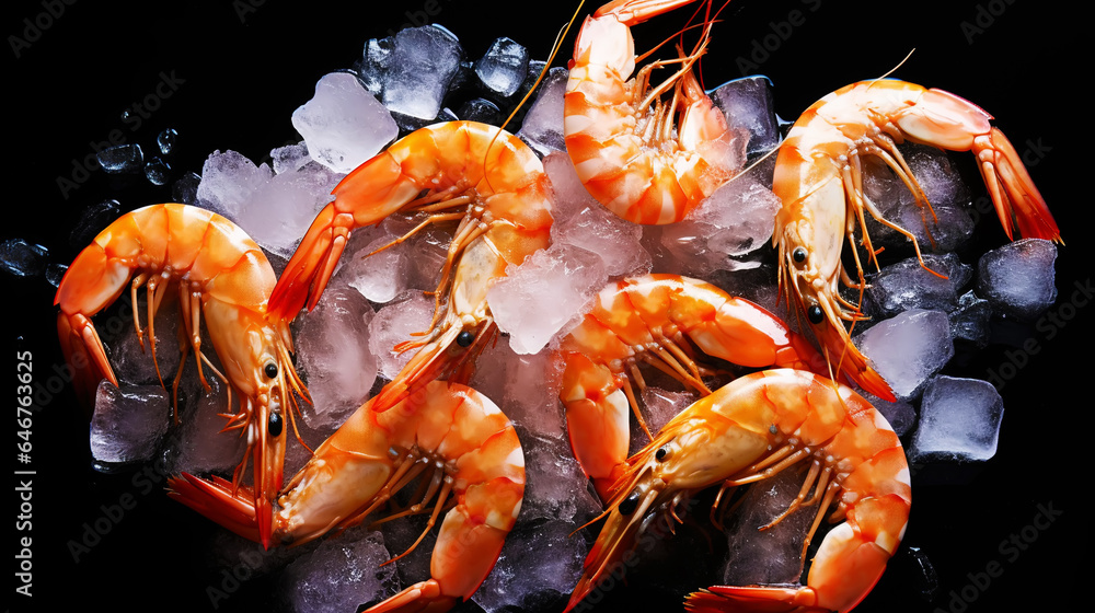 Top view of raw whole king prawns on ice. Seafood background. Generative AI