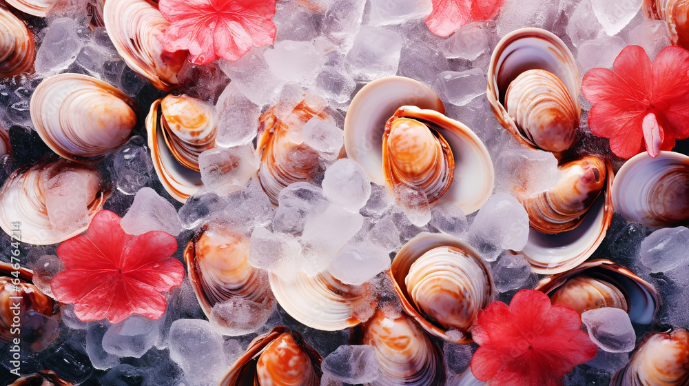 Top view on fresh clams in ice cubes. Sea food background. Generative AI