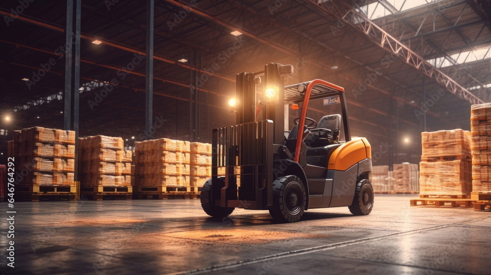 A forklift lifting product pallets in modern large warehouse. Generative Ai