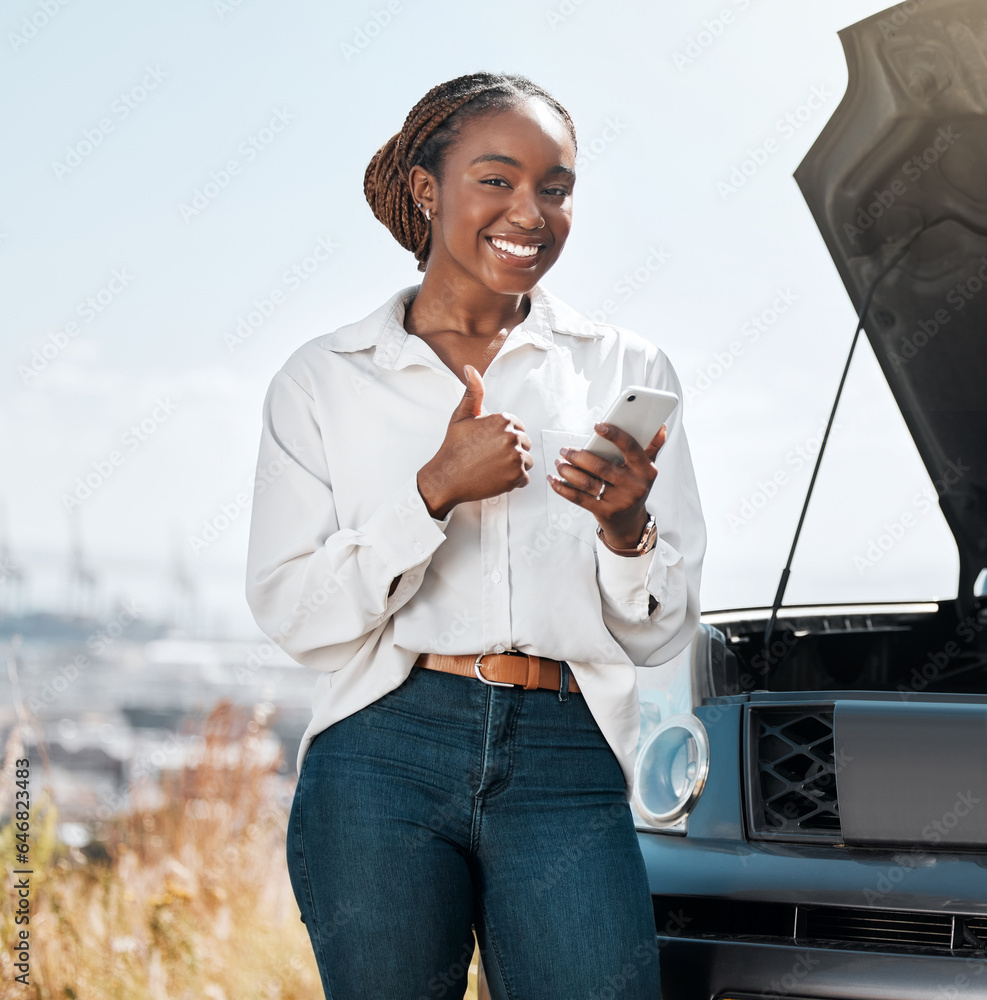 Car insurance, phone or portrait of happy woman with thumbs up on road typing message for help. Smil