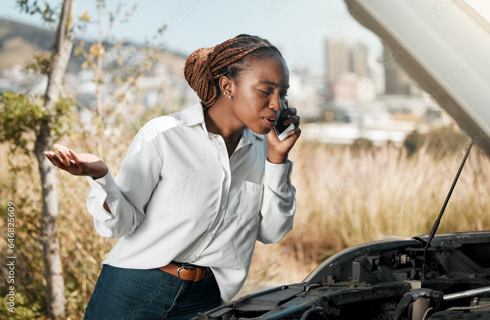 Stress, phone call and black woman with stuck car in the road with frustration for engine problem em