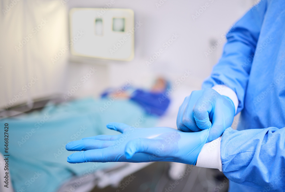 Hands, gloves and hospital person, surgeon or healthcare expert ready for surgery, clinic service or