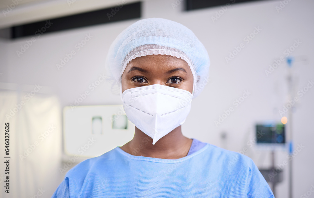 Portrait, black woman and doctor with a mask, safety and protection in a hospital, surgeon and physi