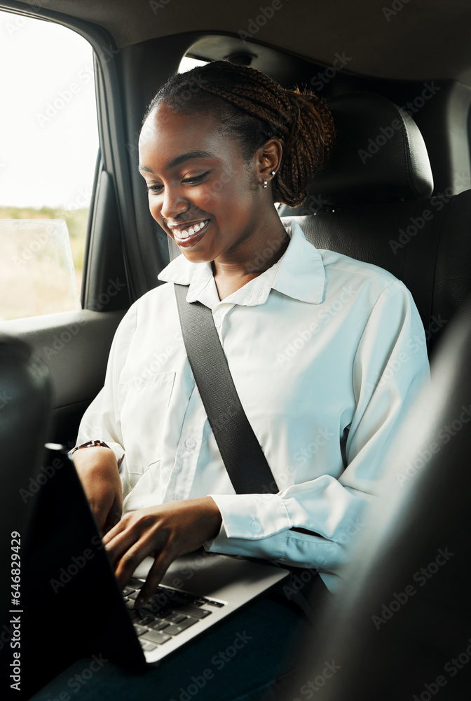 Laptop, smile and black woman typing in car to travel, reading email for remote work and social medi