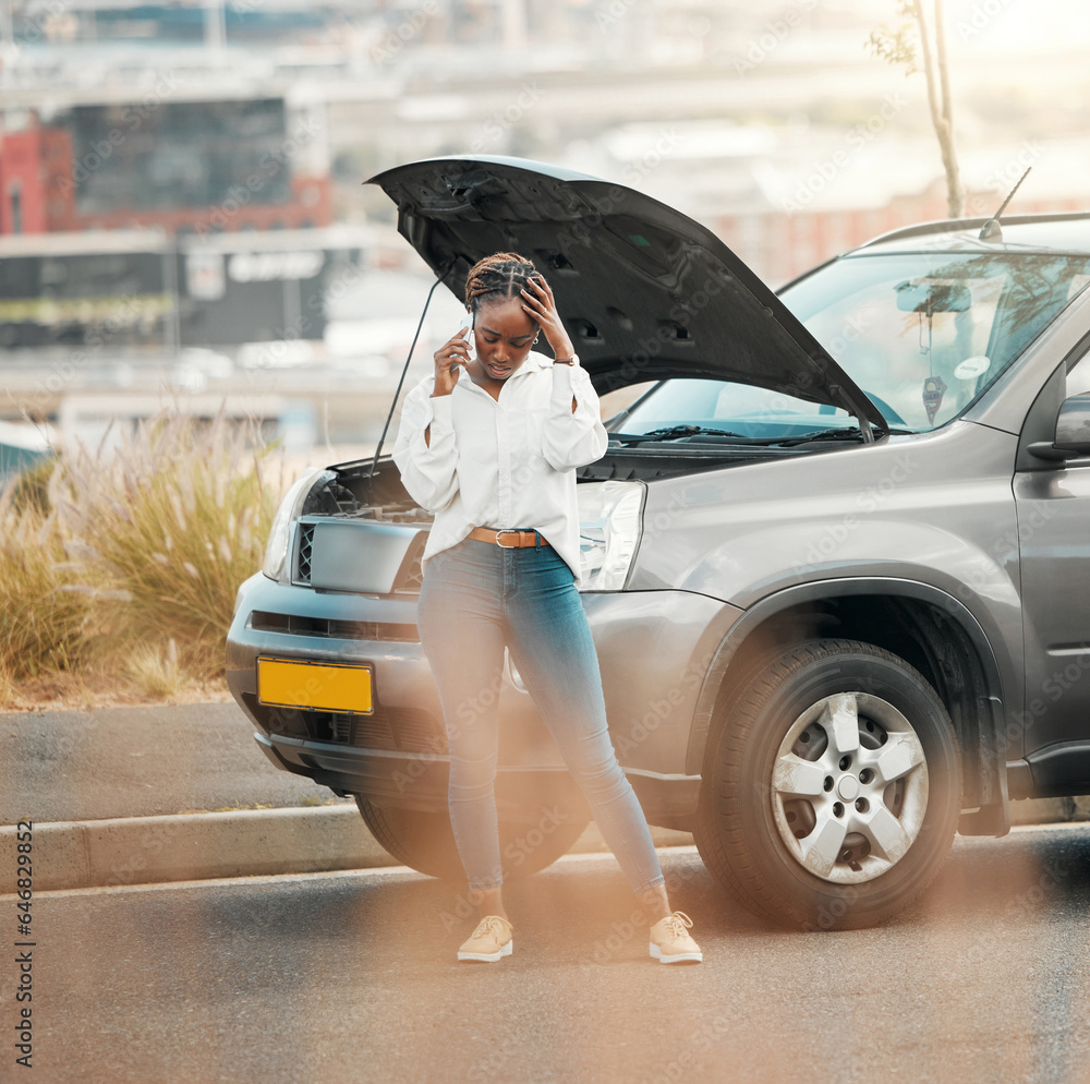 Frustration, phone call and black woman with stuck car in the road with stress for engine problem em