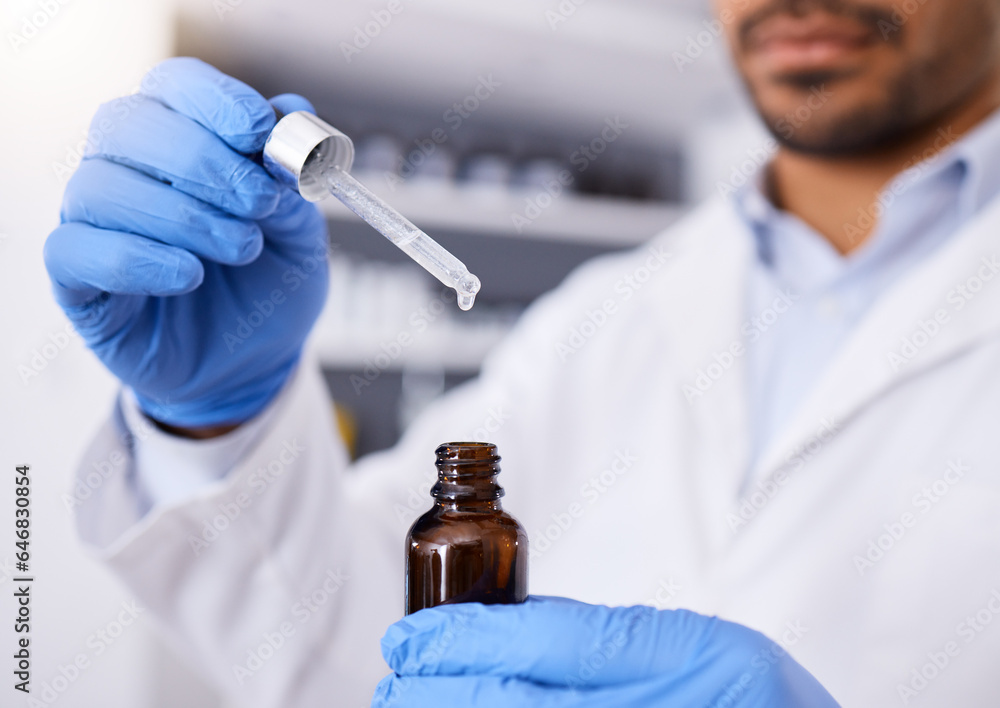 Scientist, hands and pipette with bottle for dosage, experiment or measurement in laboratory. Closeu