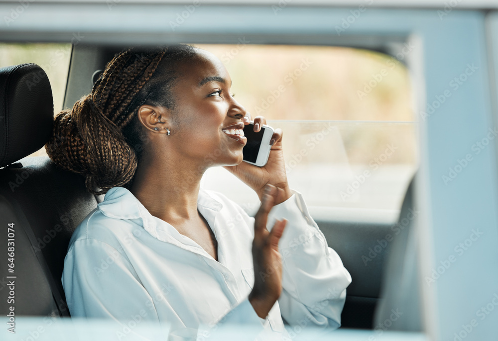 Phone call, smile and black woman in car to travel, conversation and communication. Mobile, taxi and