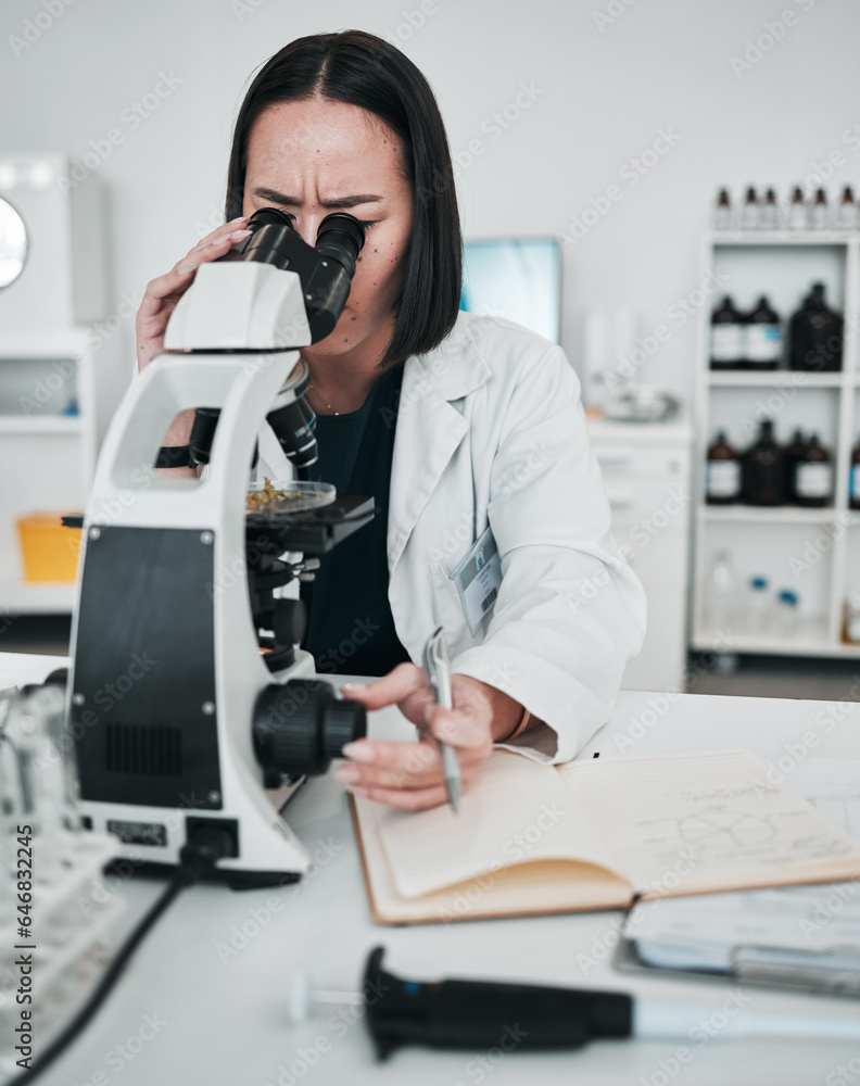 Microscope, woman and notes in laboratory for science research, dna analysis and innovation. Scienti