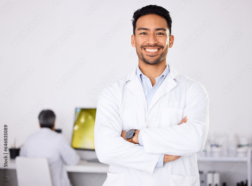 Portrait, medical and man with arms crossed, research and expert in a laboratory, chemistry and smil