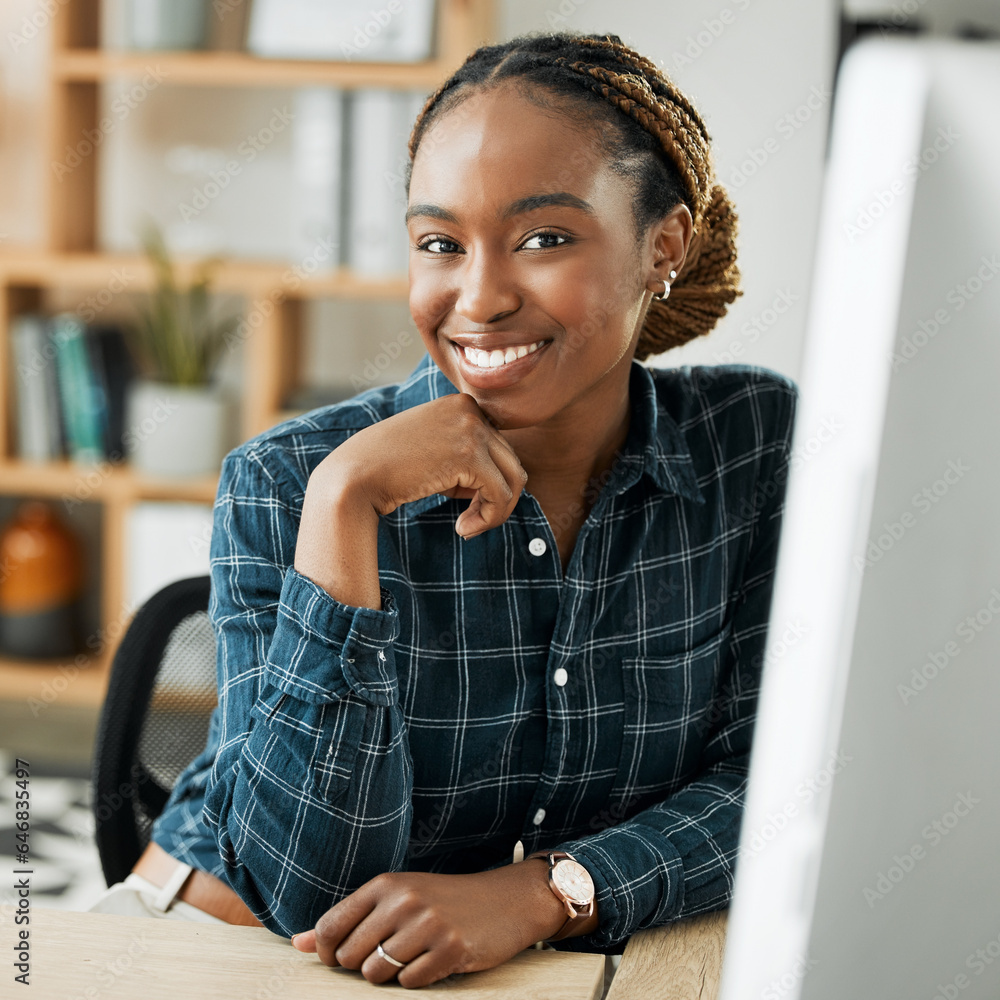 Portrait, business and black woman with a computer, smile and confident employee in a workplace, car