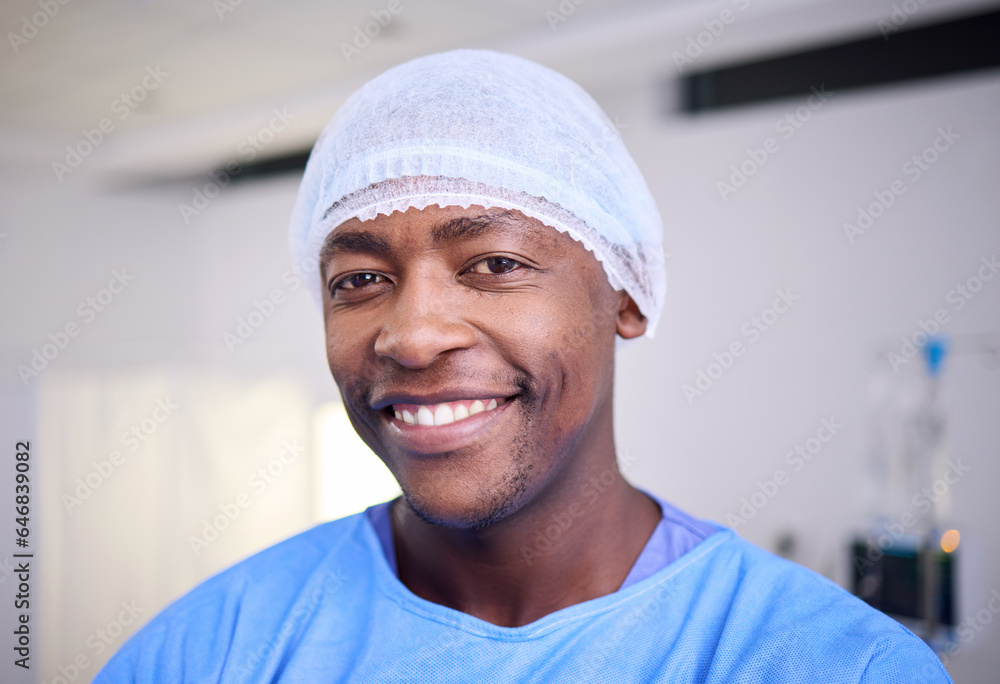 Happiness, portrait and black man, surgeon or healthcare expert for surgery support, hospital servic