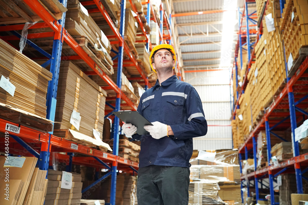 Warehouse workers checking the inventory. Products on inventory shelves storage. Worker Doing Invent