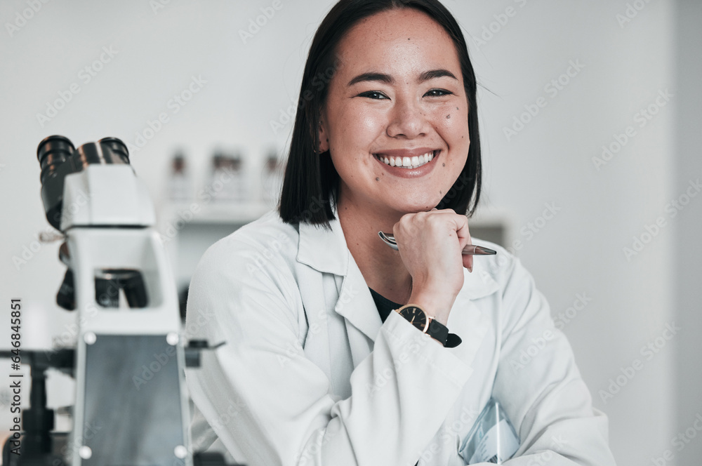 Science, microscope and portrait of Asian woman in laboratory for research, analysis and study. Biot