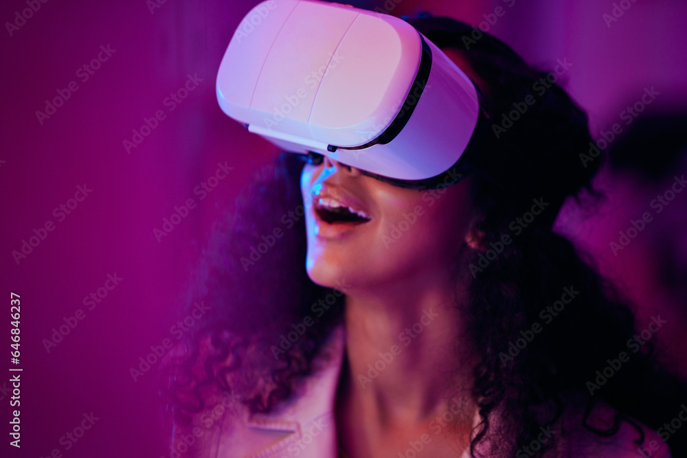 Woman, wow and virtual reality, digital world and 3D with future technology, UX and neon lighting. S