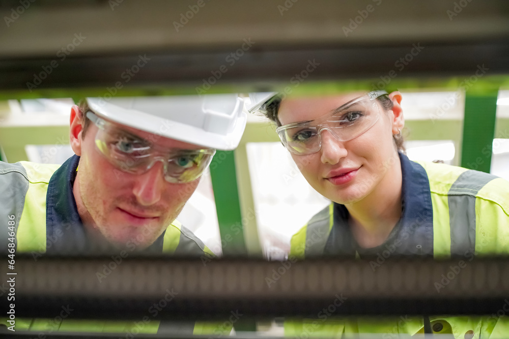 Industrial worker indoors in factory. Young technician with orange hard hat. Smart Caucasian factory