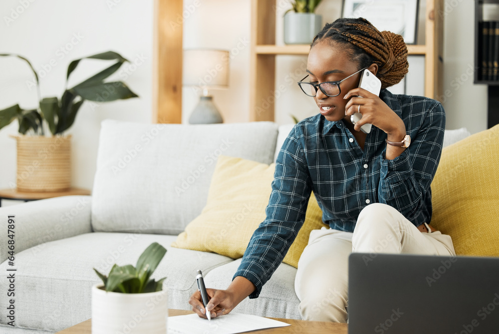 Woman, sofa and phone call for documents, paper signature or contract advice, policy and insurance. 